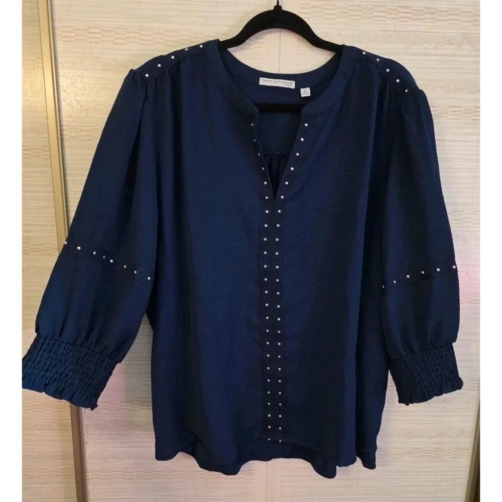 Notations Woman Navy Blue Studded Split Neck Blouse 2X Smocked Cuff Top